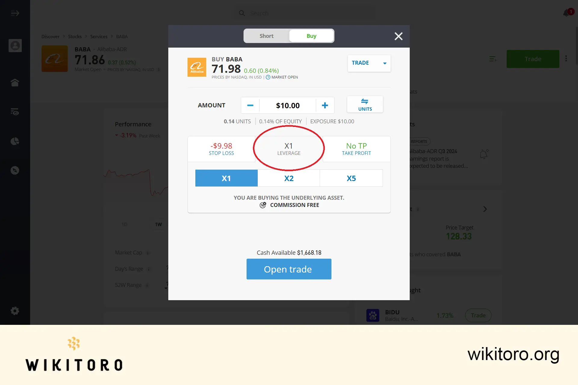 Setarea parametrilor de tranzacționare a acțiunilor Alibaba eToro