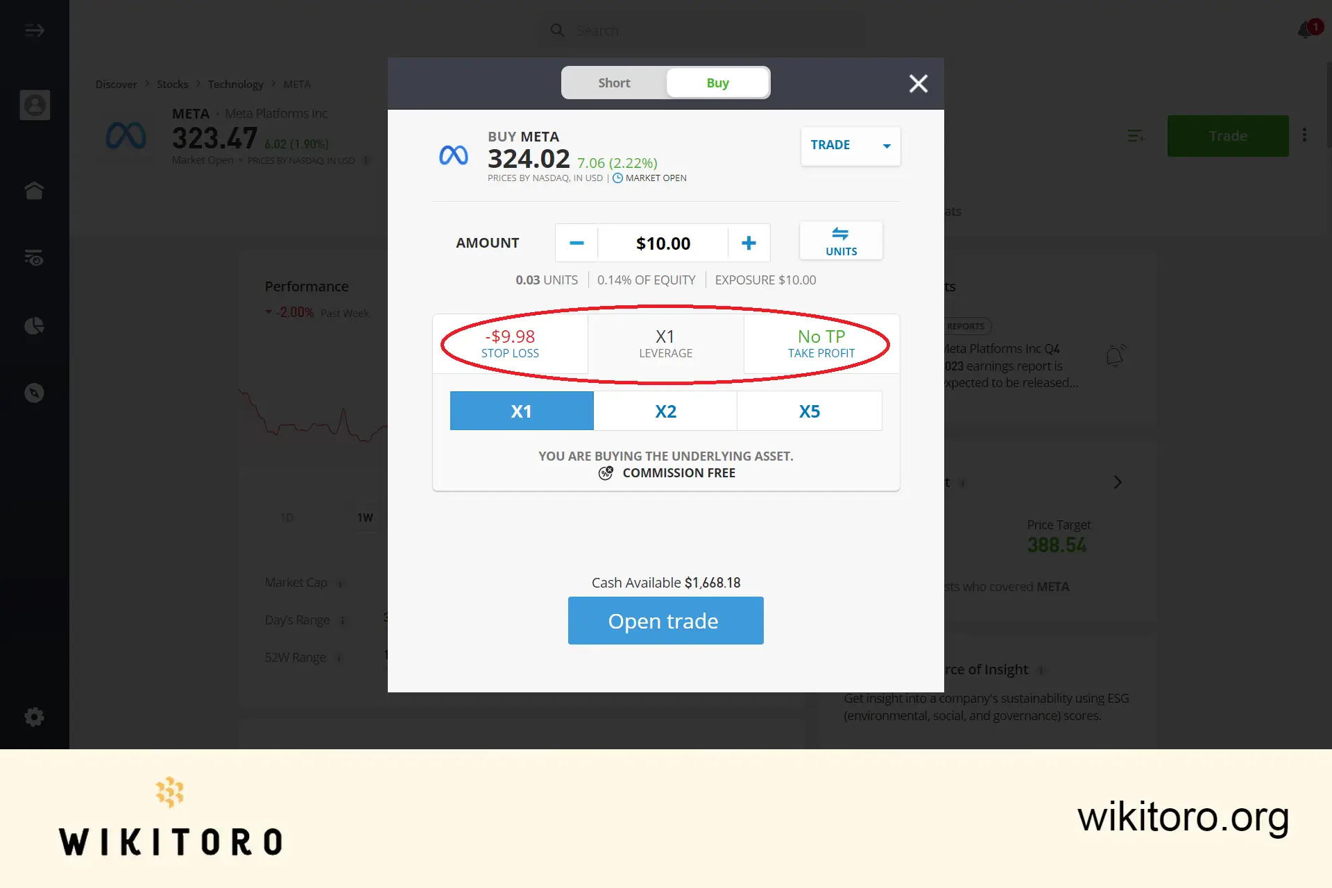 Setarea parametrilor de tranzacționare a acțiunilor Meta eToro