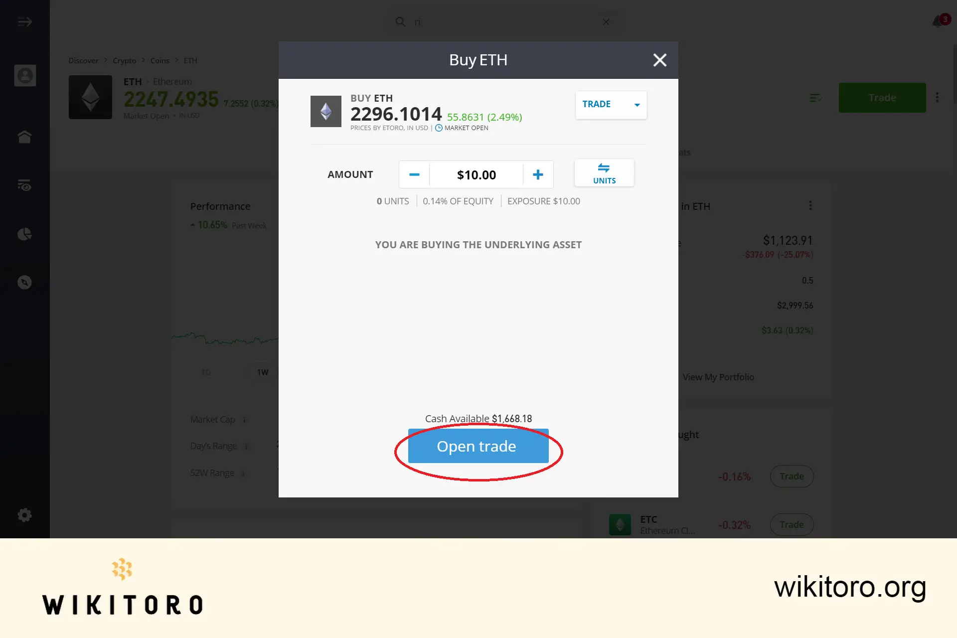 Executarea ordinului de tranzacționare eToro Ethereum