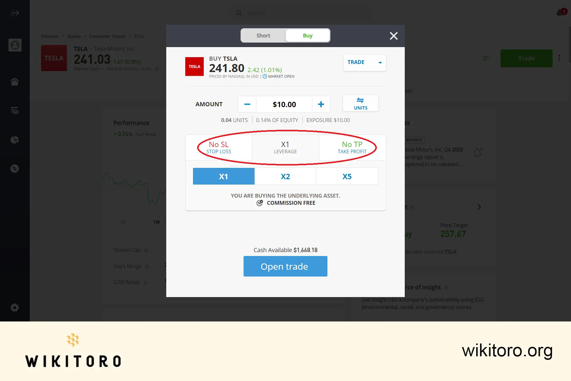 Setarea parametrilor de tranzacționare a acțiunilor Tesla eToro