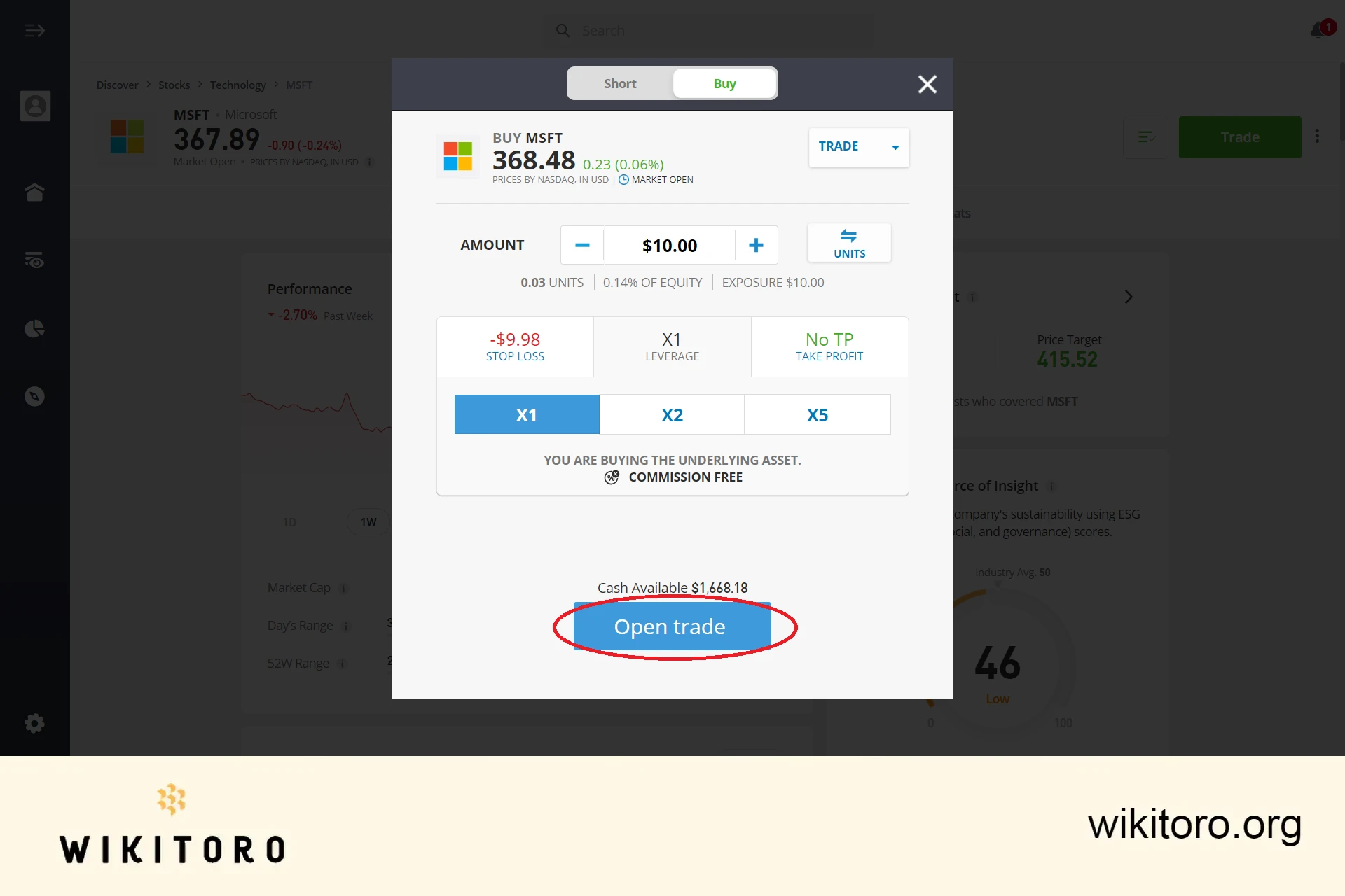 Executarea tranzacției cu acțiuni Microsoft eToro