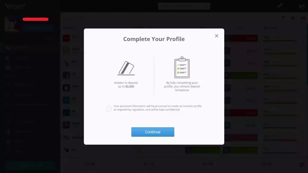 Completarea profilului eToro