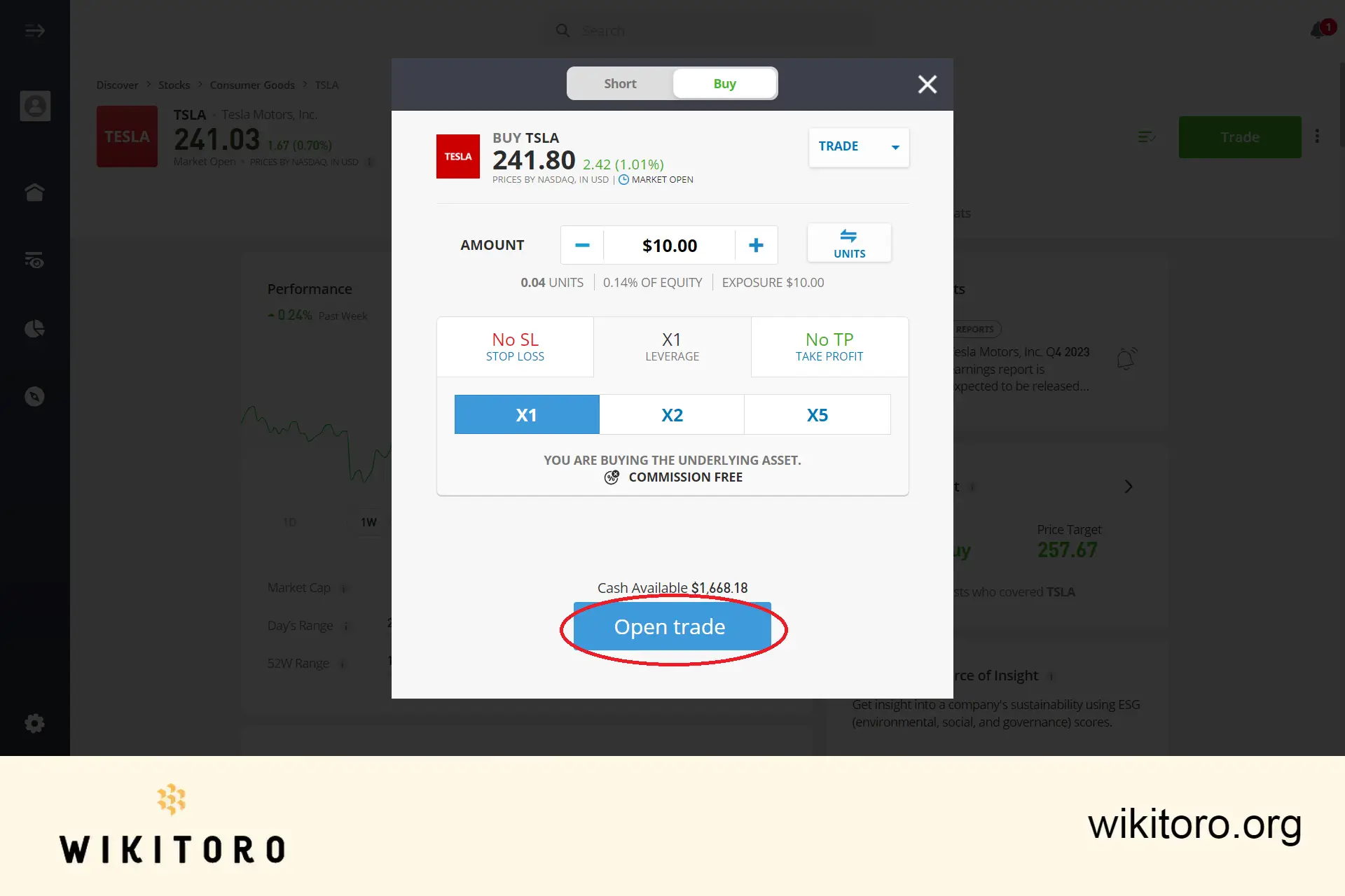 Executarea tranzacției eToro cu acțiuni Tesla