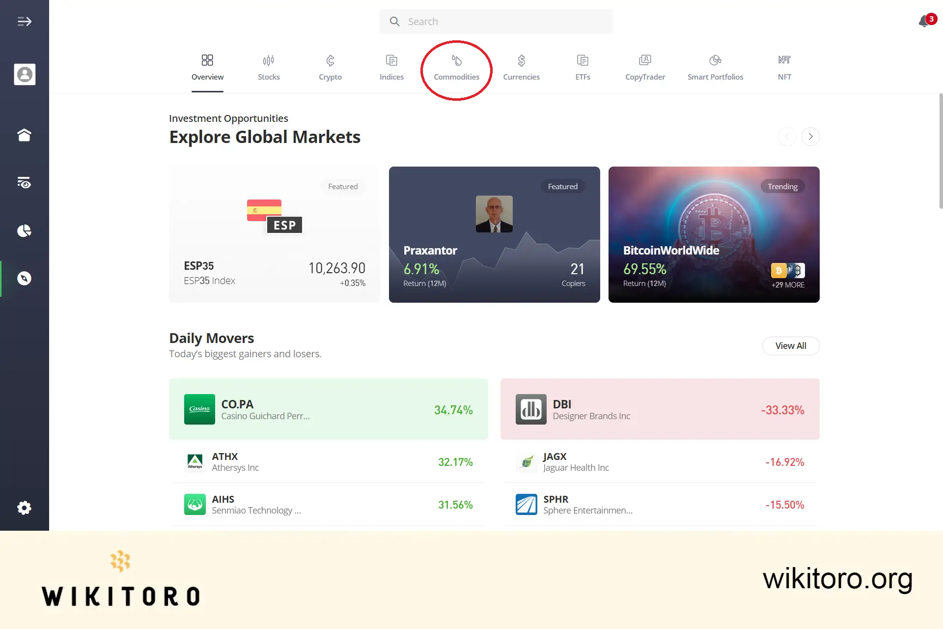 Selectarea categoriei de active Mărfuri pe eToro