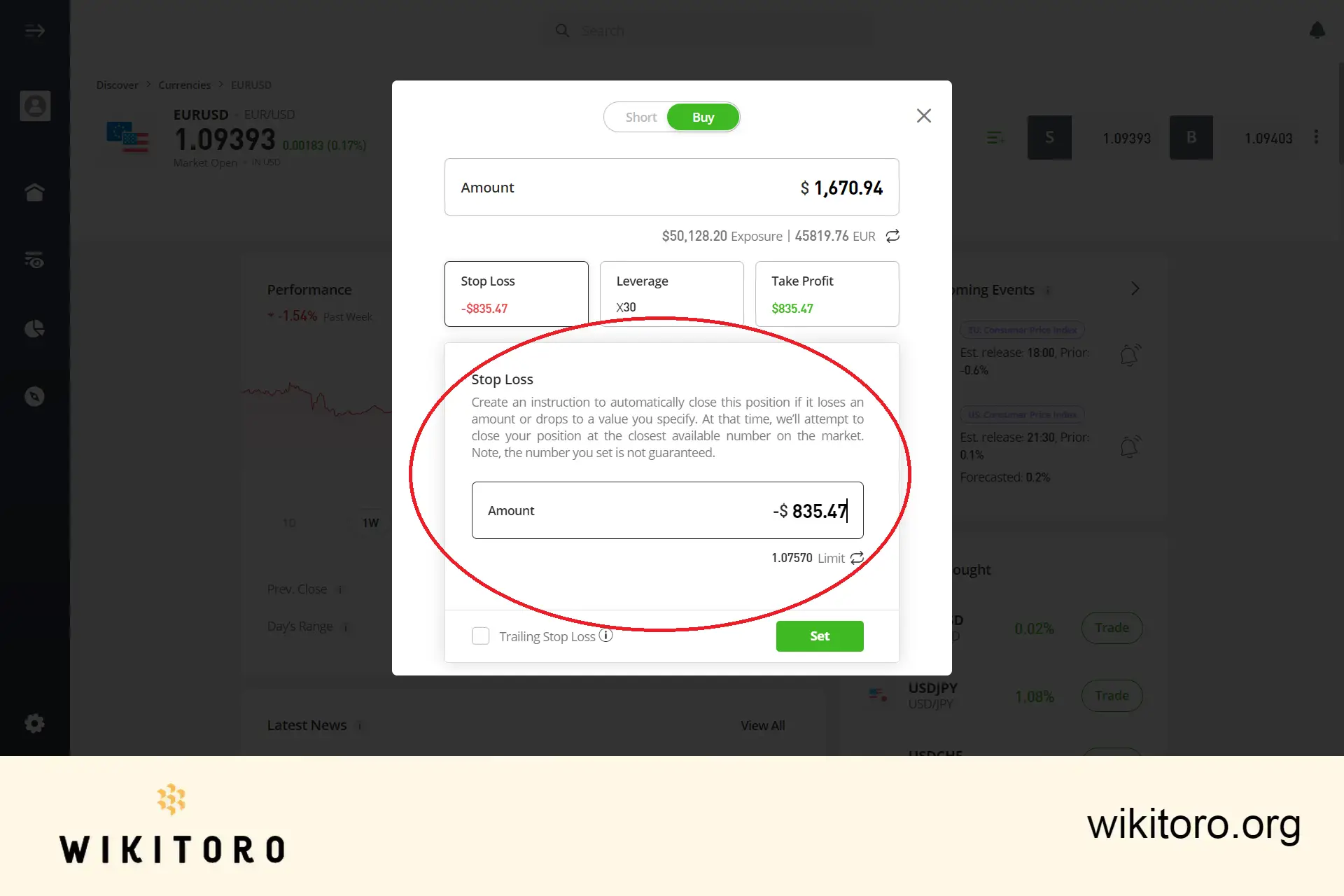 Setarea valorii sau limitei de stop loss eToro