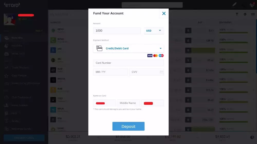 Efectuarea unui depozit inițial de $1000 cu eToro
