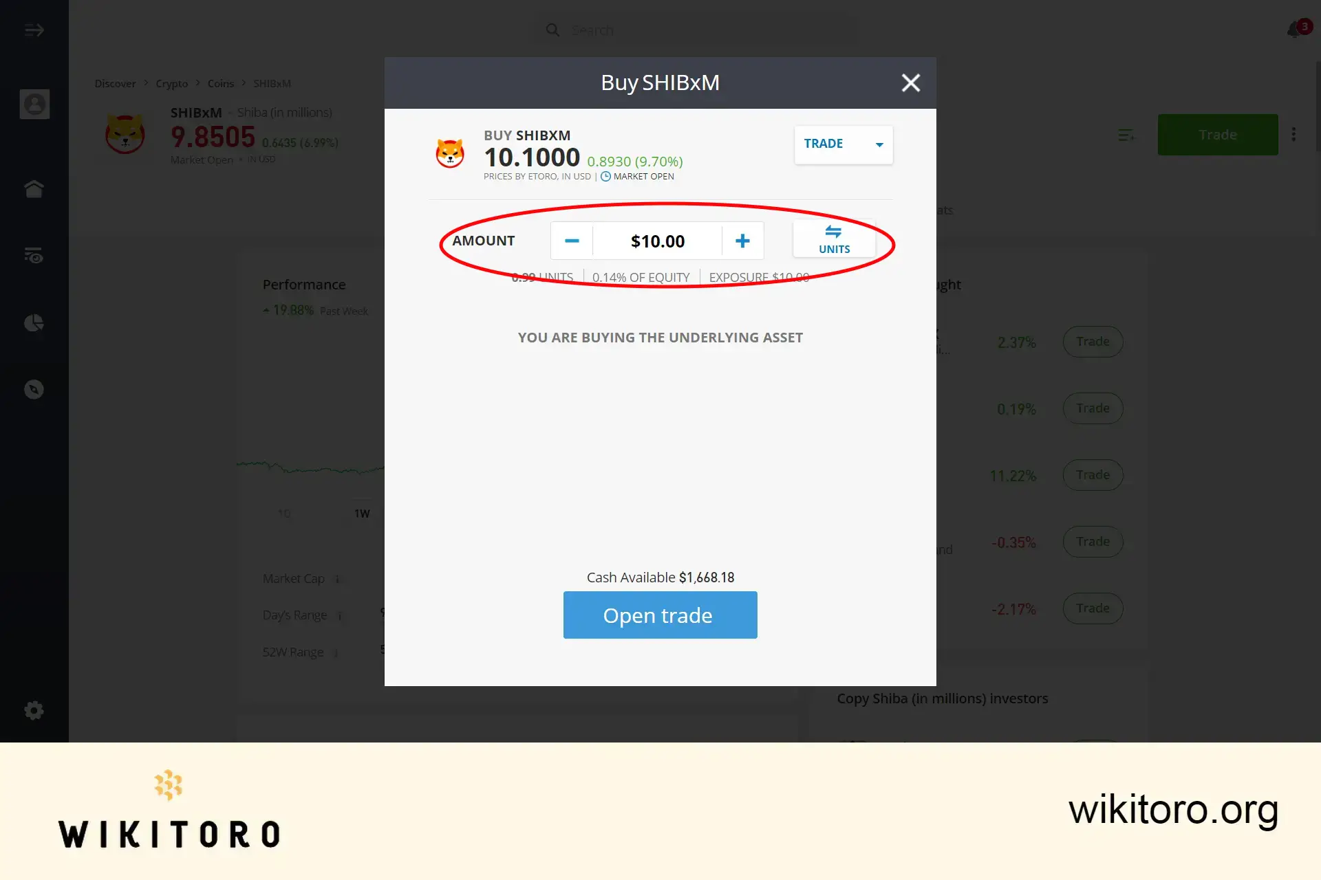 Setarea sumei de investiție eToro Shiba Inu