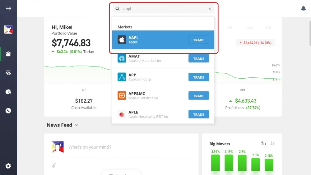 Căutarea acțiunilor Apple pe platforma eToro