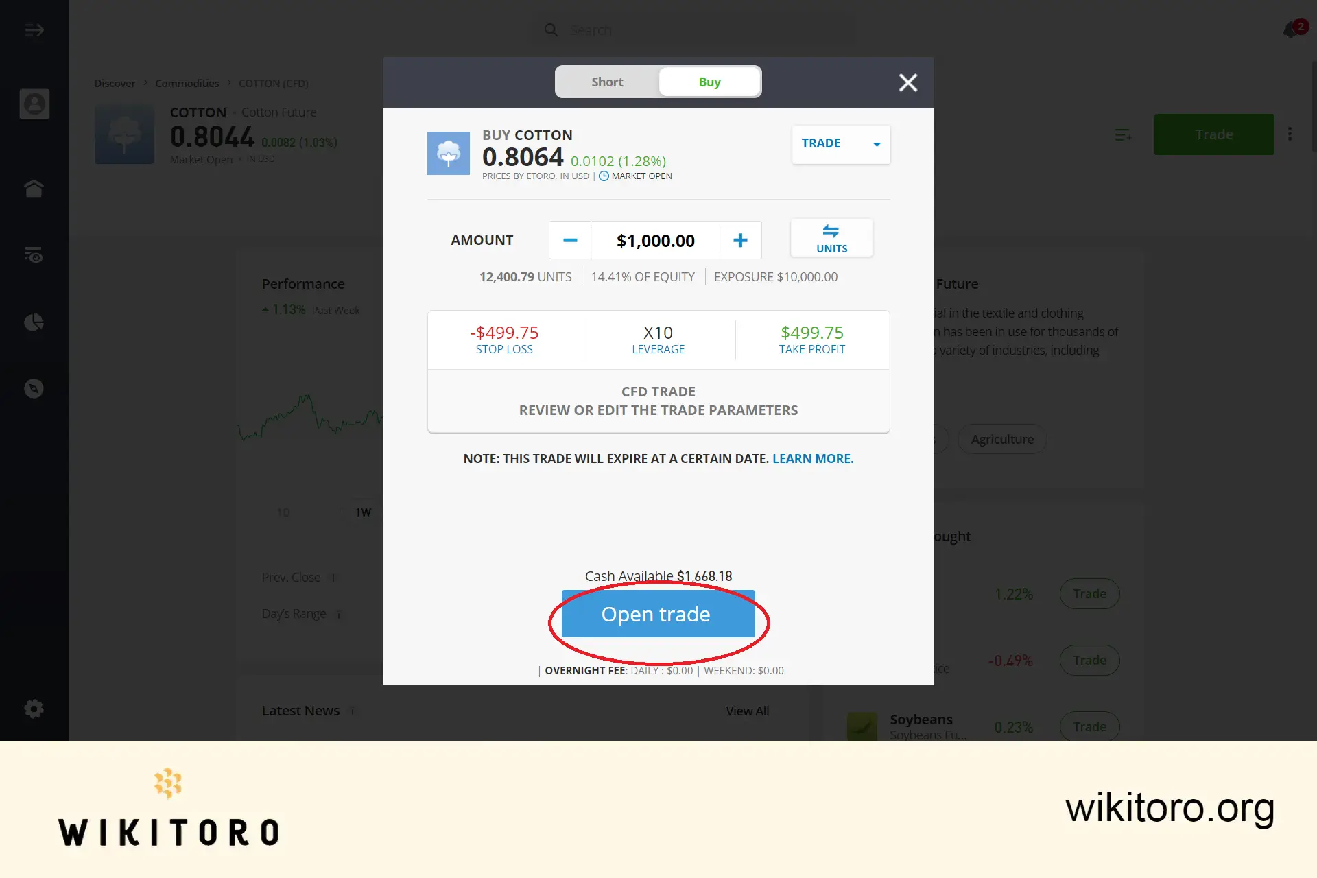 Executarea ordinului de tranzacționare eToro Cotton