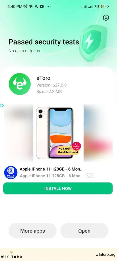 Aplicația eToro instalată pe dispozitivul Android