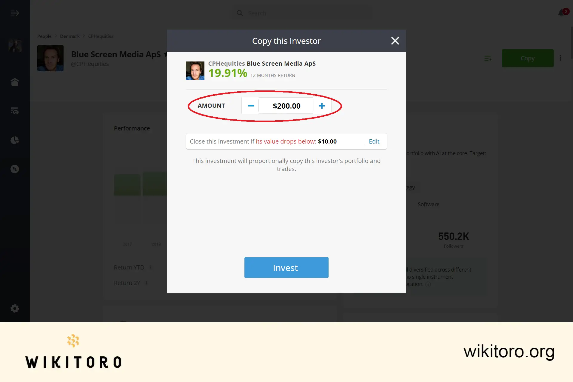 Setarea sumei de tranzacționare prin copiere eToro