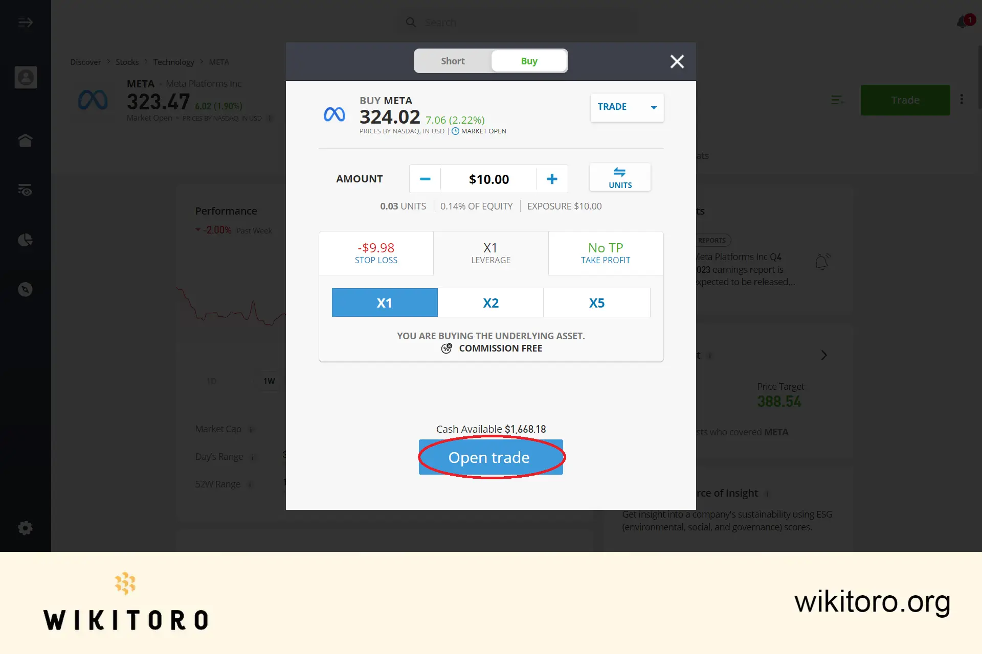 Executarea tranzacției eToro Meta stocks
