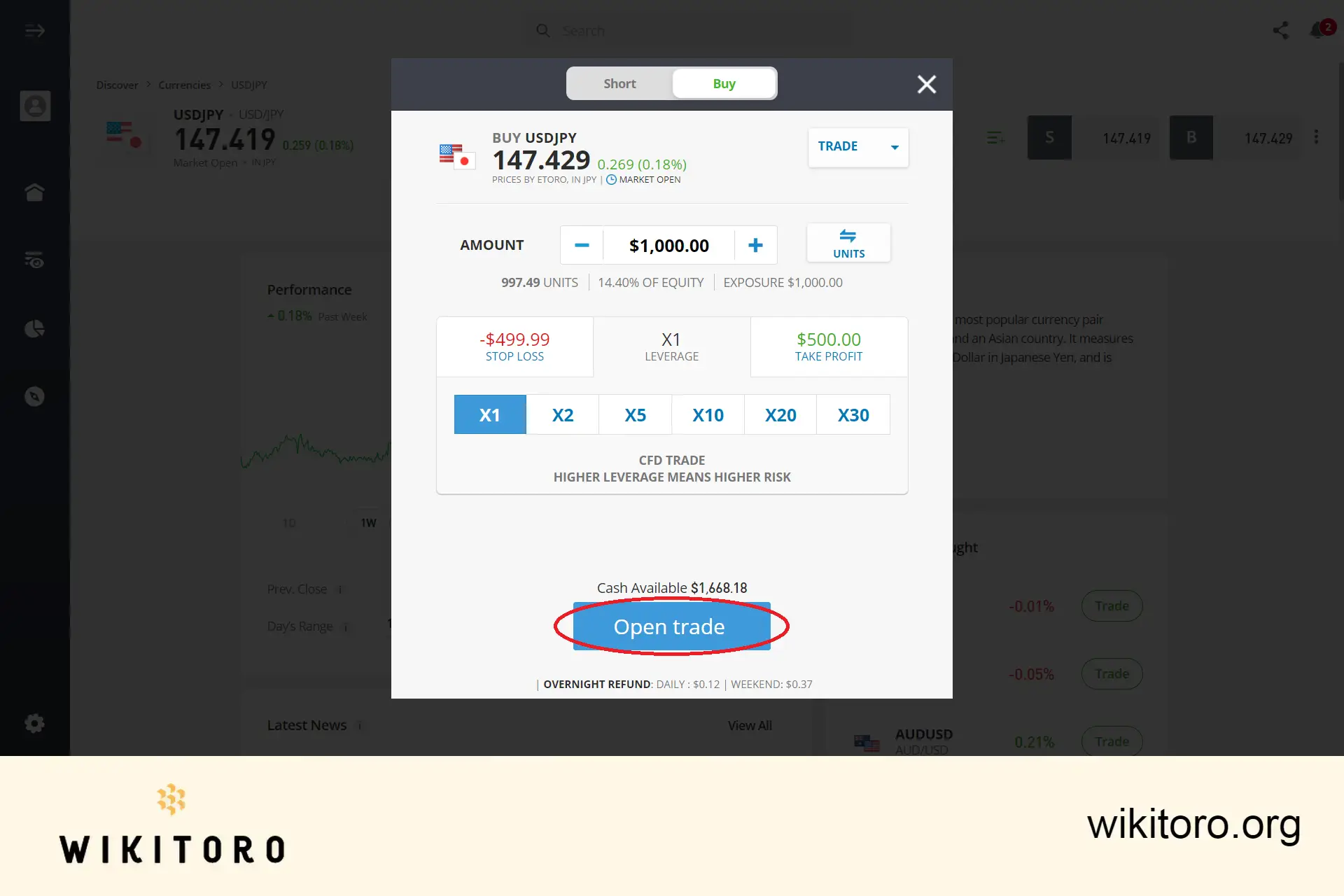 Executarea tranzacției eToro USDJPY