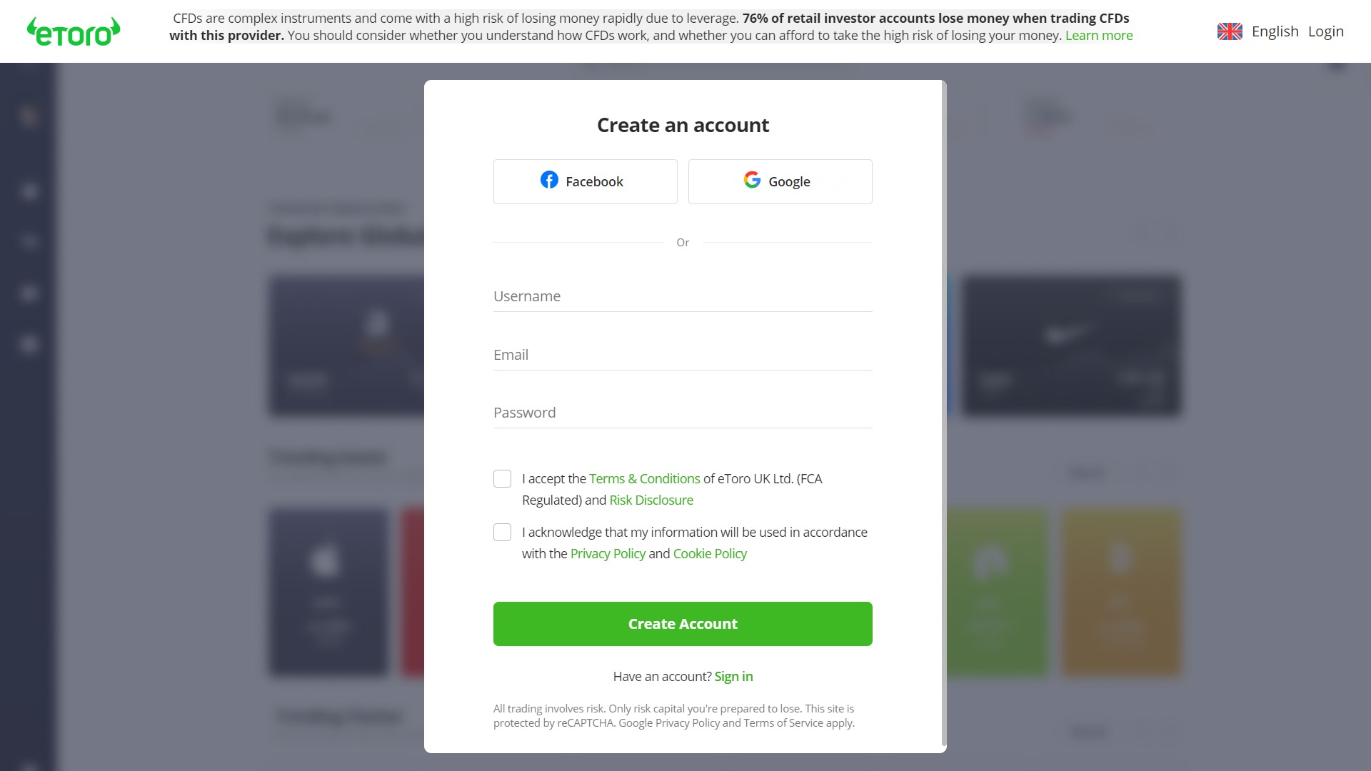 Pagina de înregistrare eToro